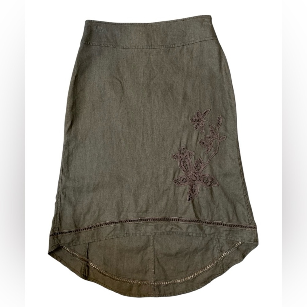 H&M 100% Linen Embroidered Dark green Hight Low Women Skirt boho style.